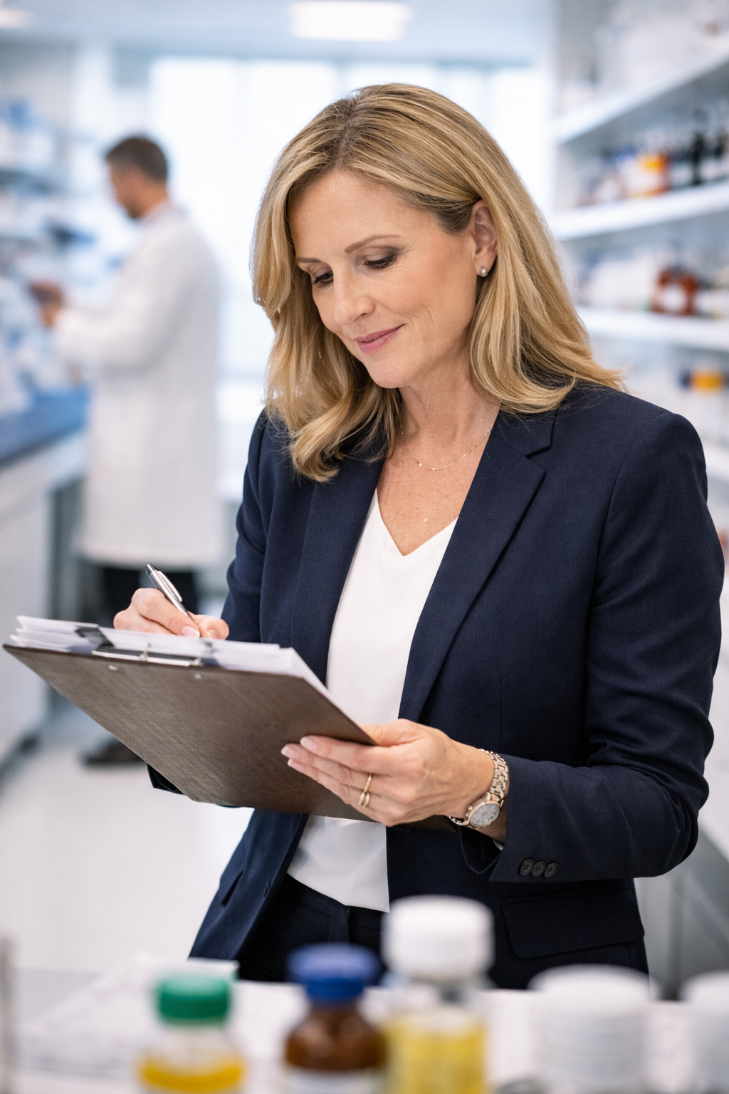 Business professional reviewing HR and compliance documents in a life sciences workspace