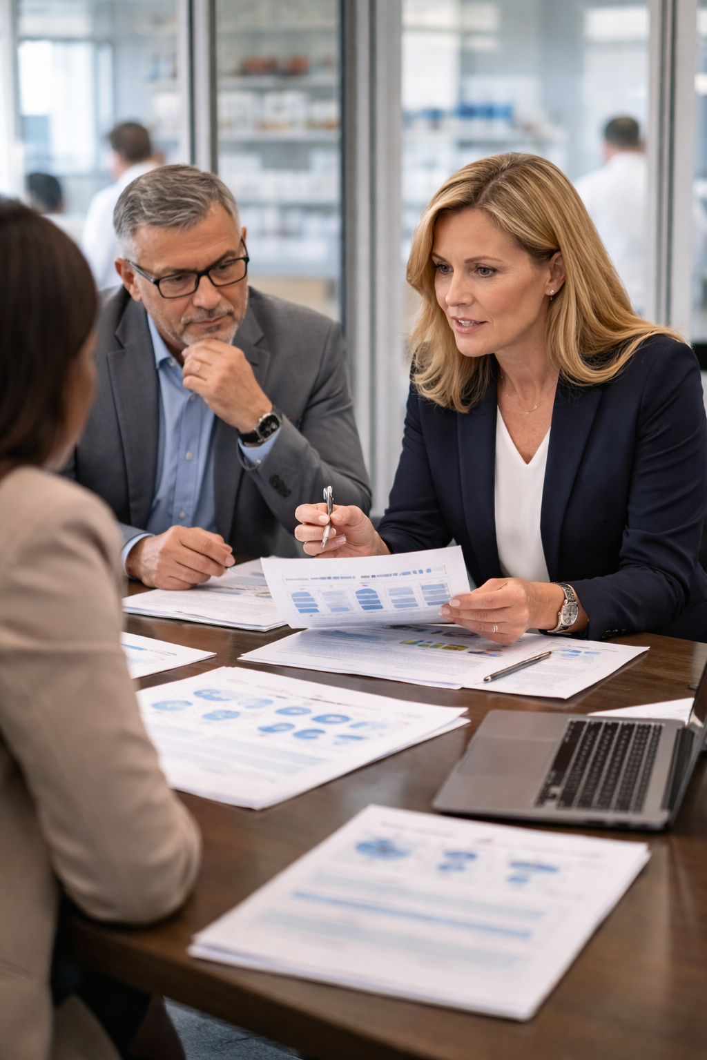 Senior professionals reviewing HR integration documents in a pharma and life sciences meeting