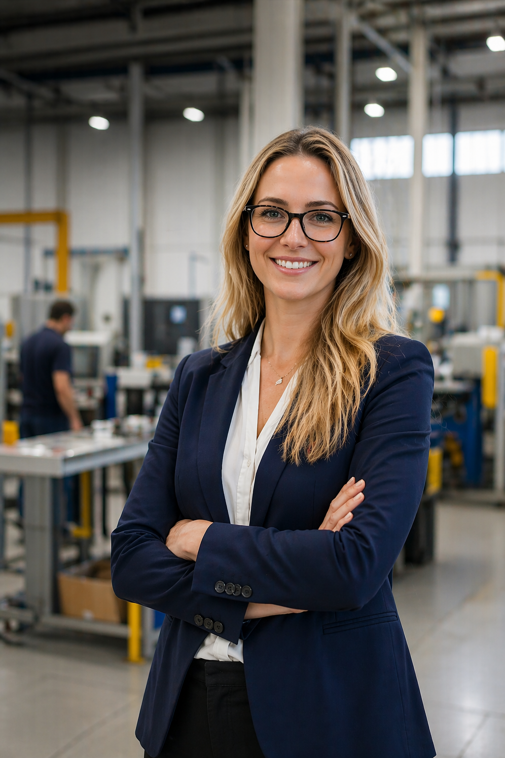 Senior female payroll consultant in a manufacturing facility, arms crossed, confident and professional