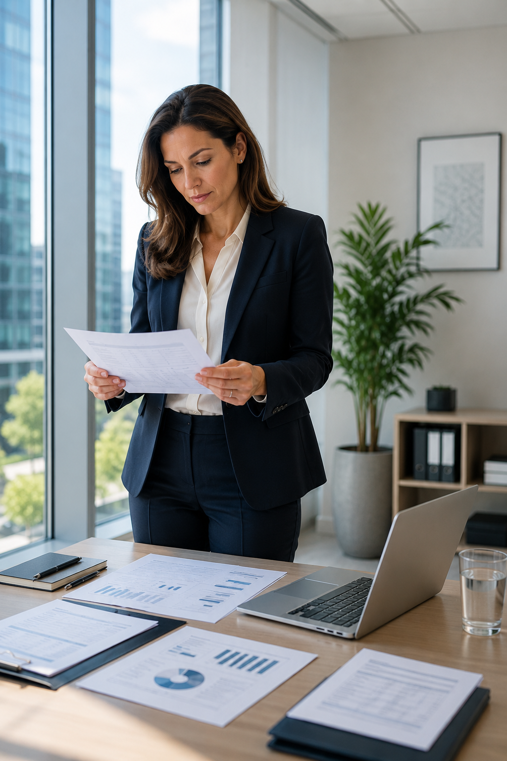 Senior professional reviewing EU Pay Transparency Directive compliance documents in a modern European office