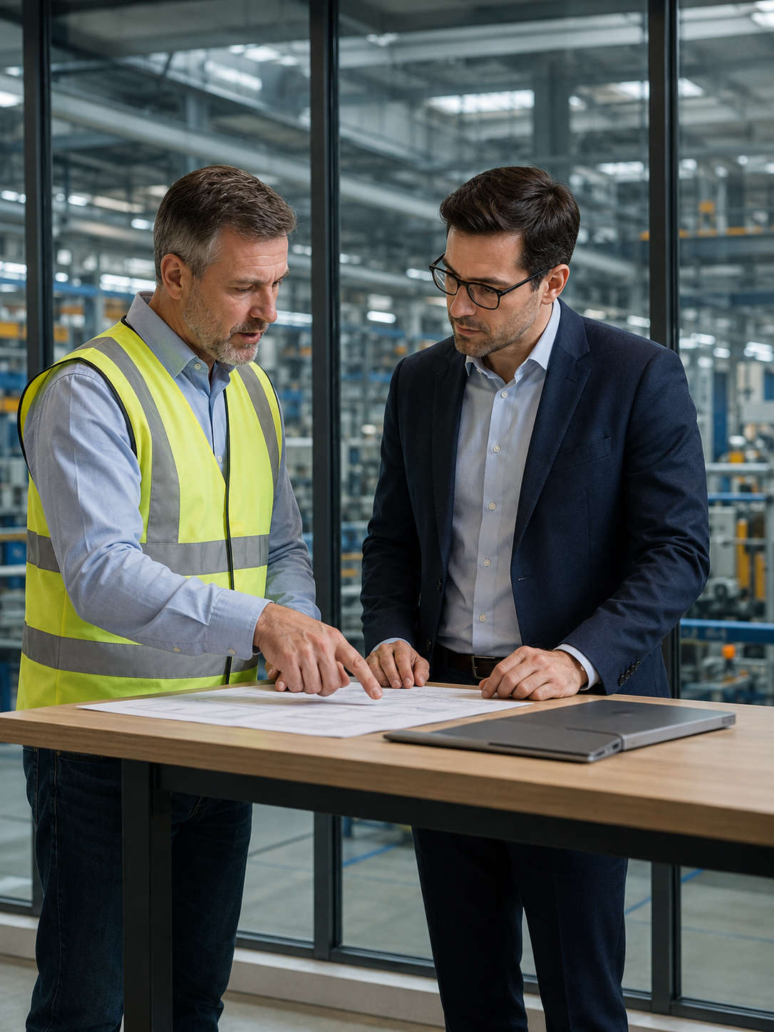 Manufacturing plant manager and HR professional discussing post-acquisition workforce integration in Europe