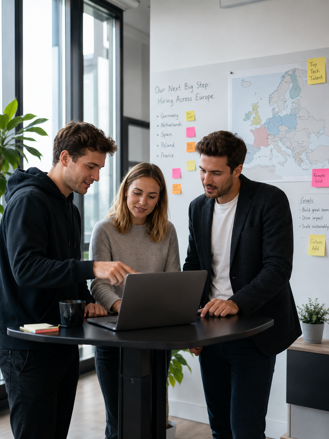 Tech startup team planning first European hire - employment documentation for EU expansion