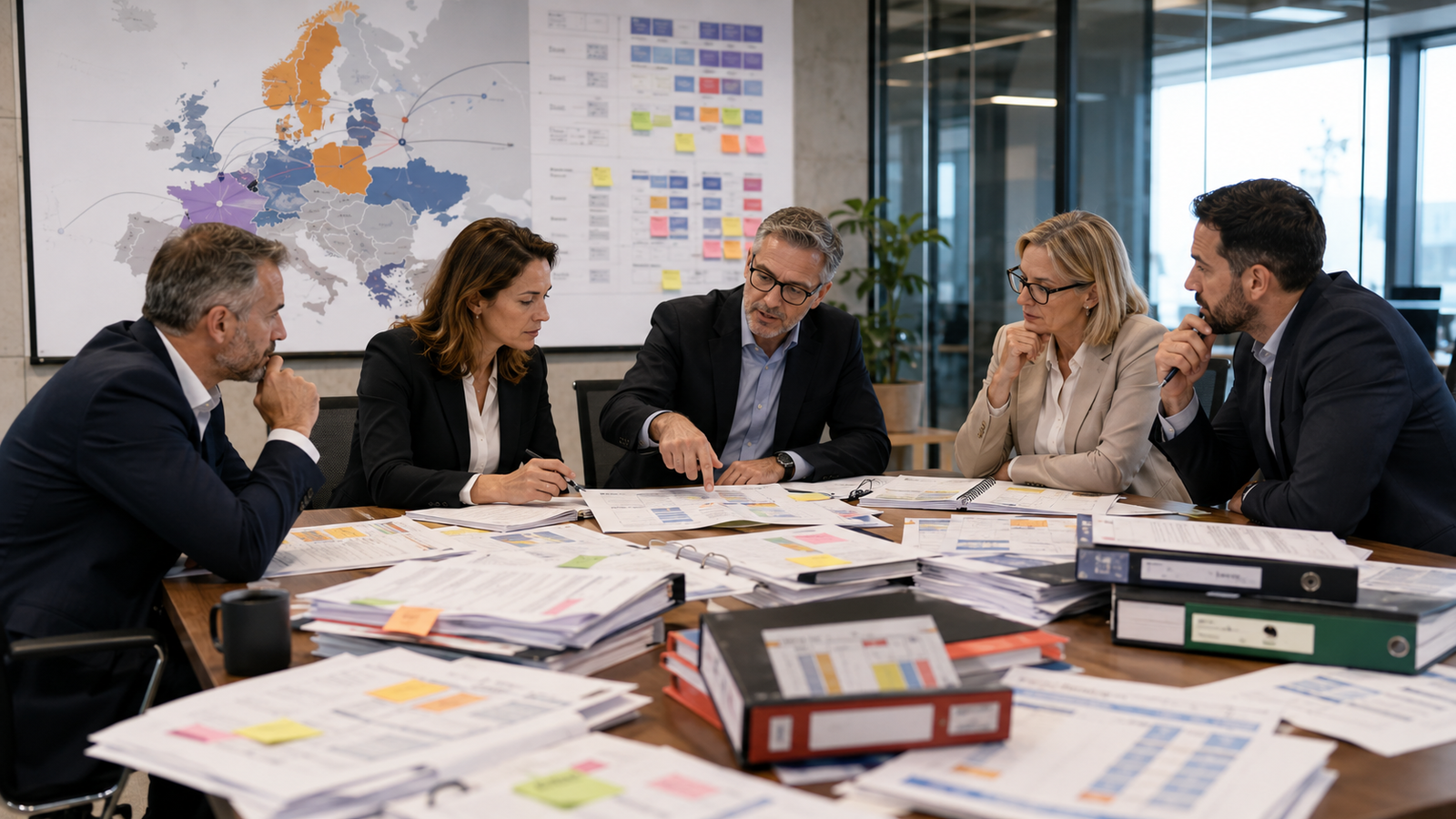 Business and compliance professionals reviewing employment contracts, binders, and a Europe map during a multi-country consolidation meeting.