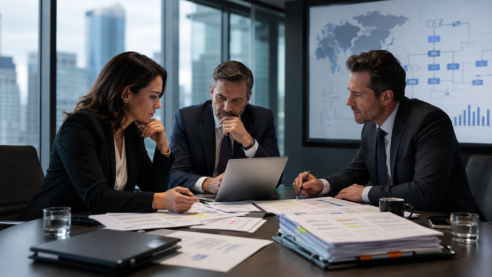 HR compliance and investment professionals reviewing employment risk documents during portfolio company due diligence