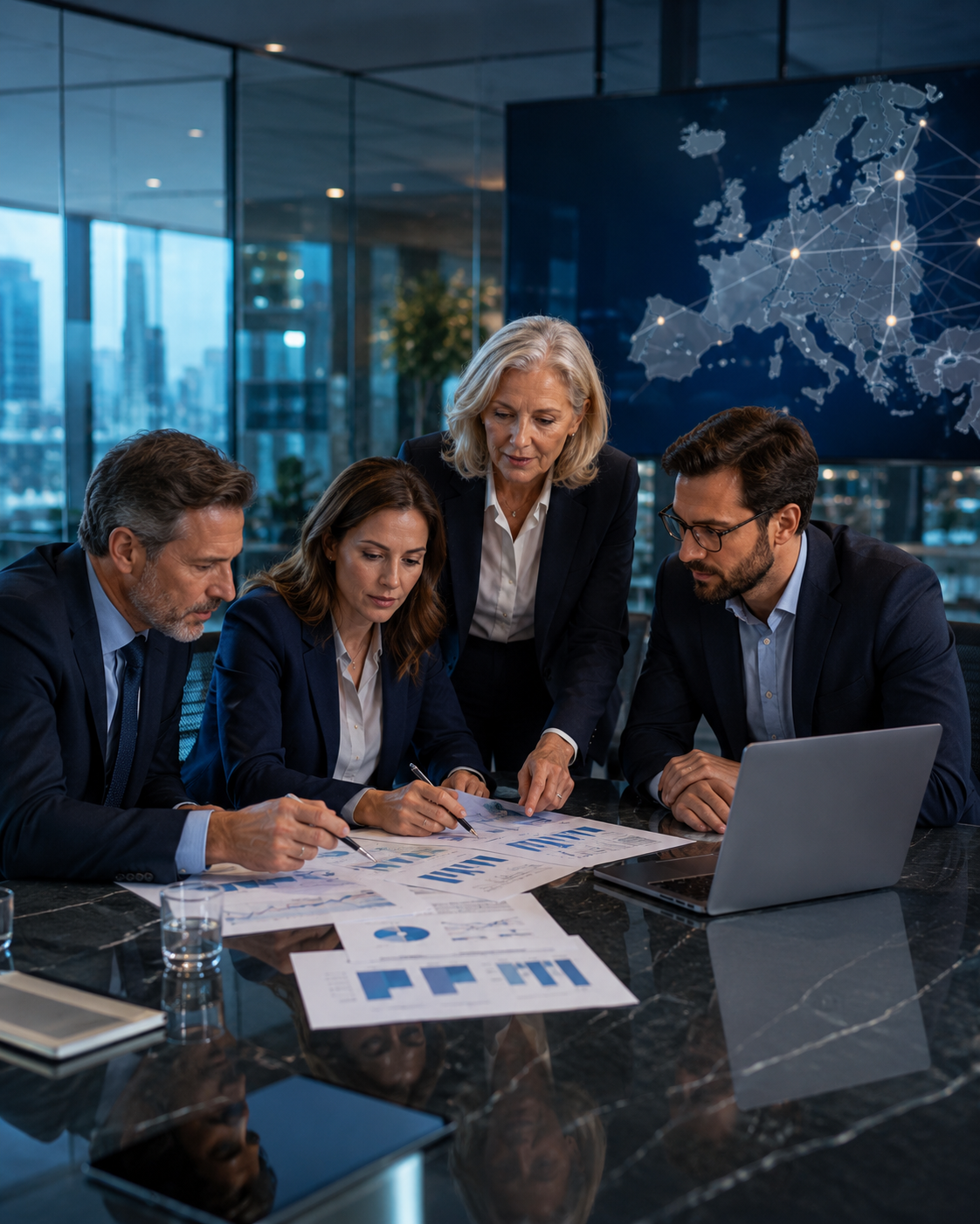 Senior M&amp;A and HR professionals reviewing European integration documents in a modern corporate meeting room.