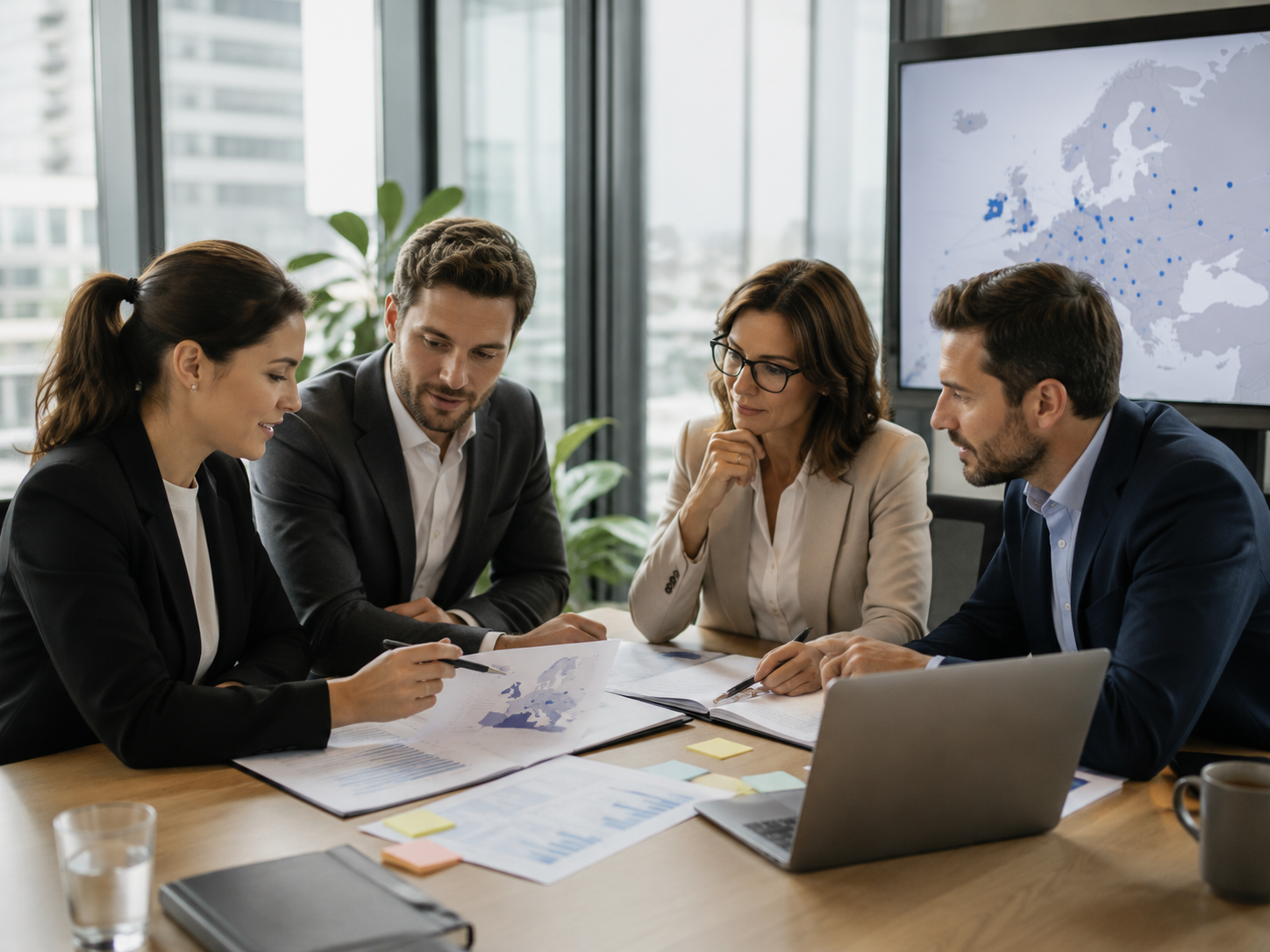 Business professionals reviewing HR compliance documents and a Europe map during a meeting about enterprise consolidation across Europe.