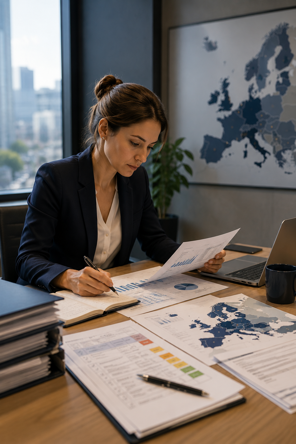 HR compliance expert reviewing documents and European entity data at a desk in a modern office.