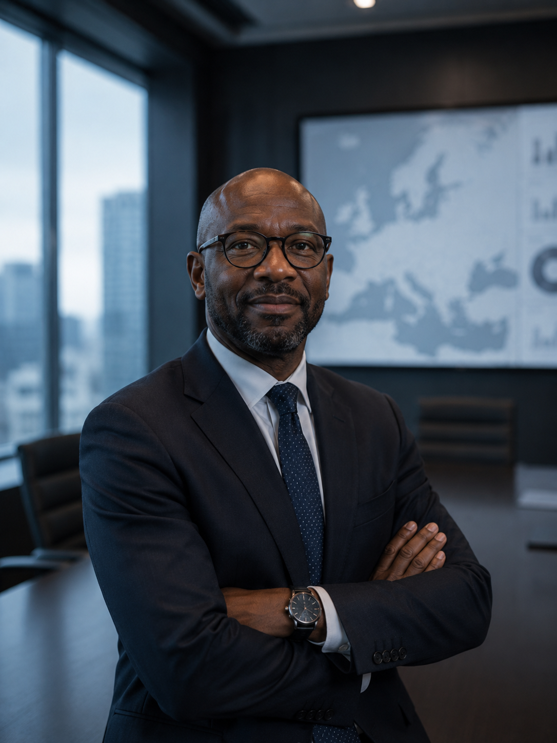 Senior HR compliance expert standing in a modern boardroom with European portfolio risk analysis in the background