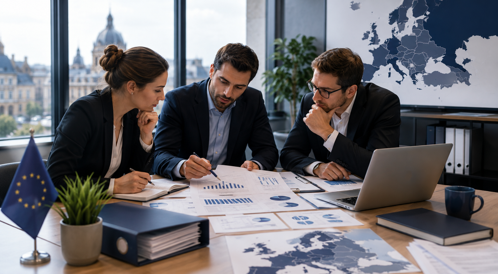 HR compliance advisors reviewing charts, legal documents, and a Europe map during an enterprise consolidation audit meeting.