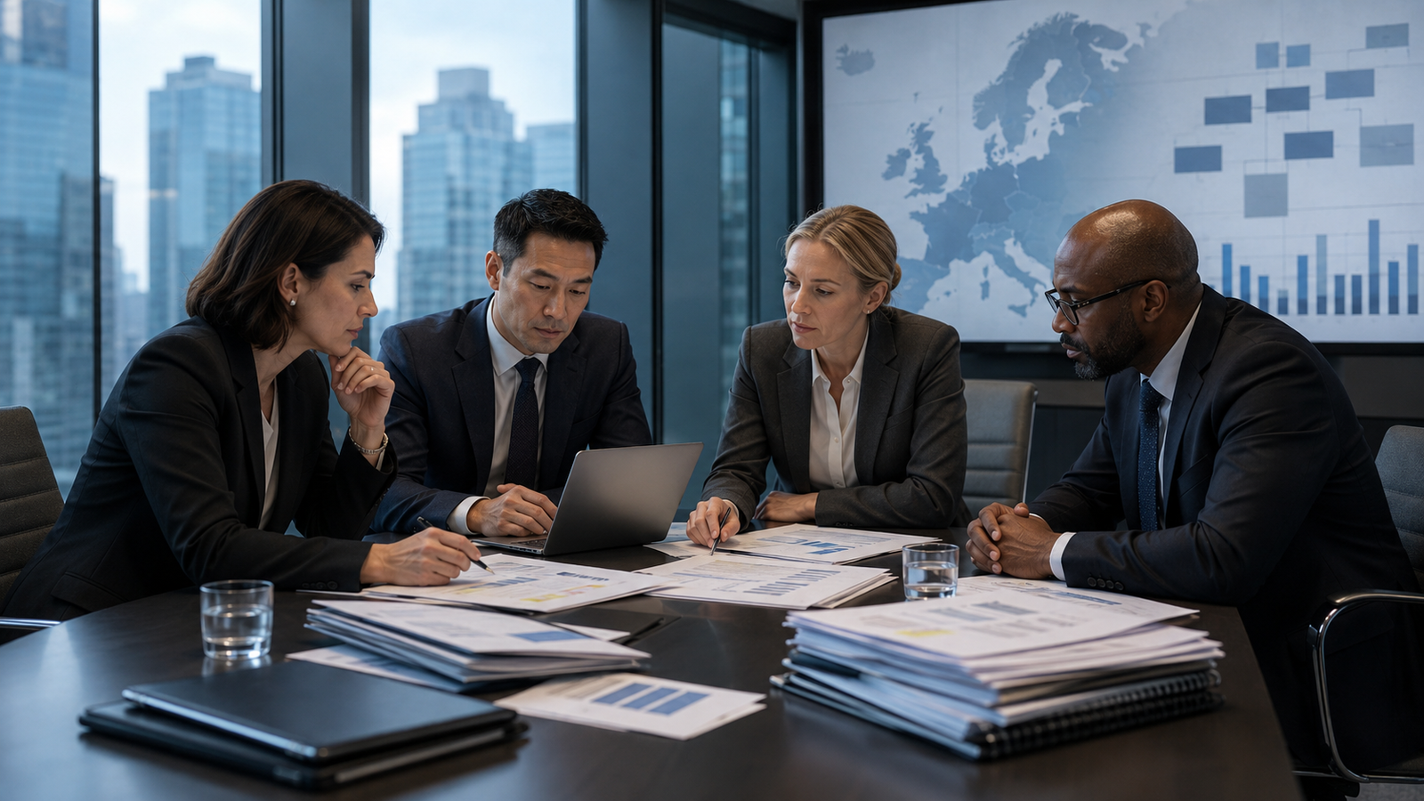 HR compliance consultants reviewing portfolio company audit documents and European employment risk reports in a boardroom
