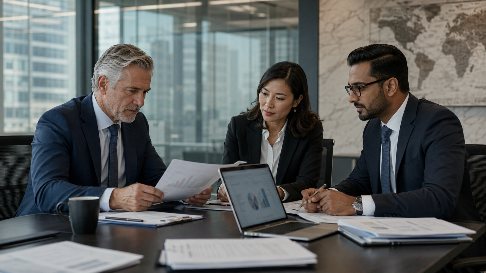 HR compliance consultants reviewing employment documents and portfolio company reports in a corporate boardroom