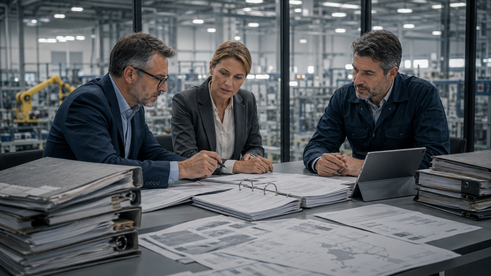 HR compliance advisors and a manufacturing leader reviewing employment documents inside a factory, symbolizing legacy workforce risk in European manufacturing operations.