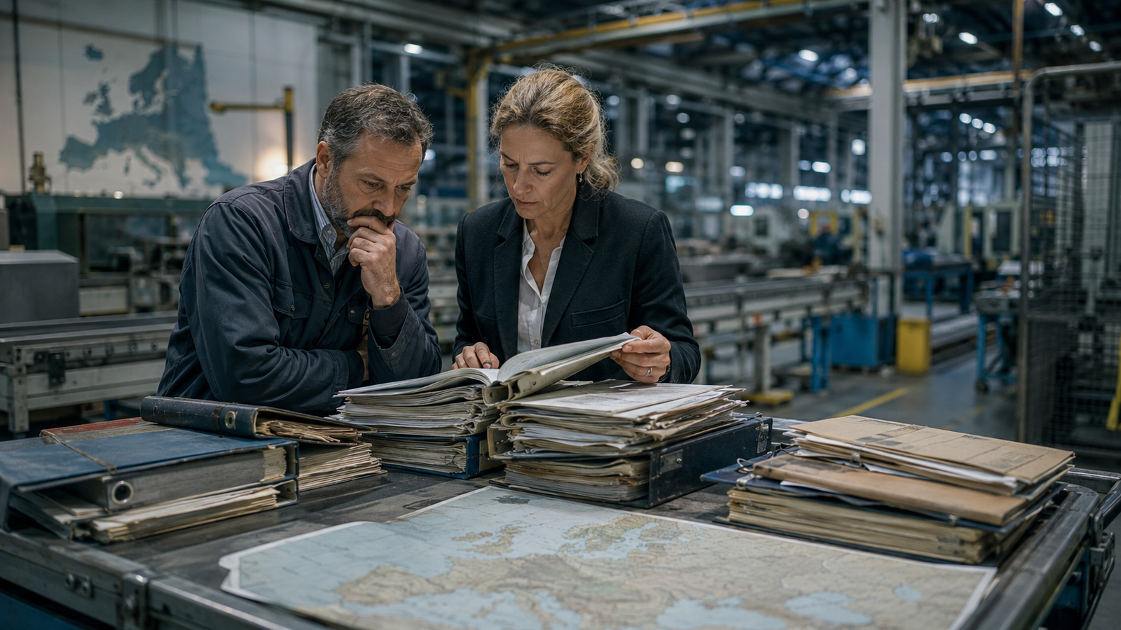 Manufacturing compliance specialists reviewing old employment files and plant documentation on a factory floor, symbolizing hidden HR risks in legacy European operations.