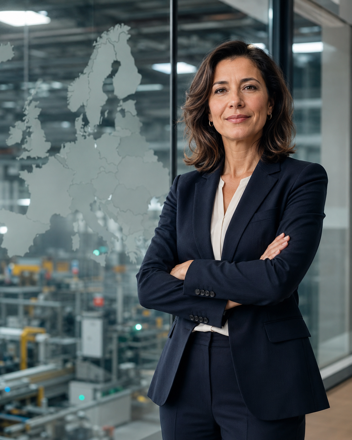 Confident HR compliance professional with crossed arms in front of a European manufacturing facility, symbolizing employment compliance support for manufacturers across Europe.