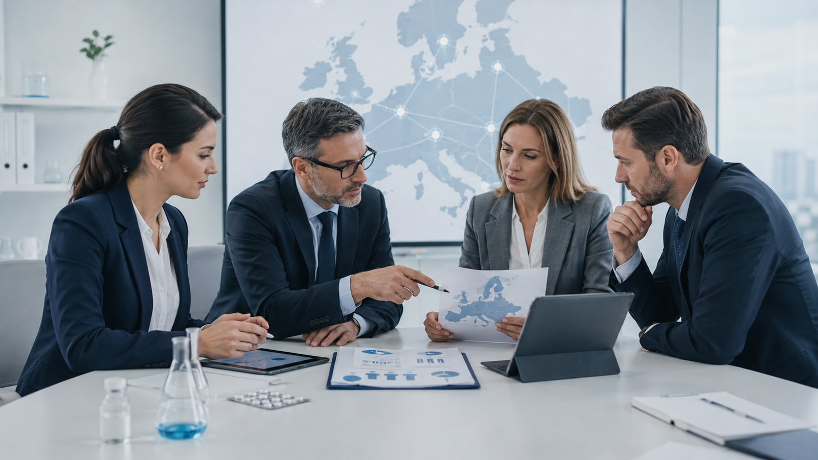 Business professionals reviewing European market entry plans with pharma lab items on the table, symbolizing HR setup for life sciences companies launching in Europe.