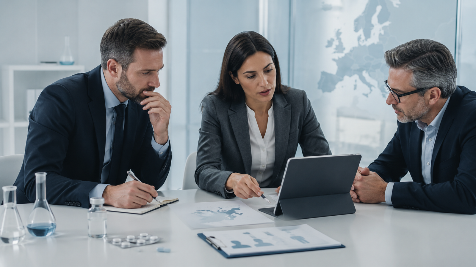 Business professionals reviewing European market entry plans with pharmaceutical lab items on the table, symbolizing HR setup for pharma and life sciences launches.