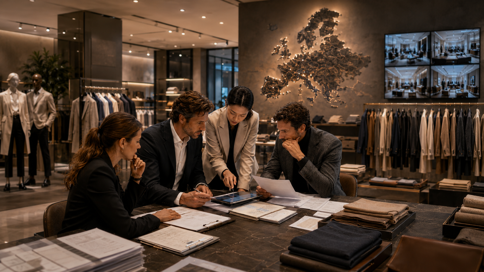 Retail compliance and operations professionals reviewing employment documents and store records inside a modern fashion showroom.