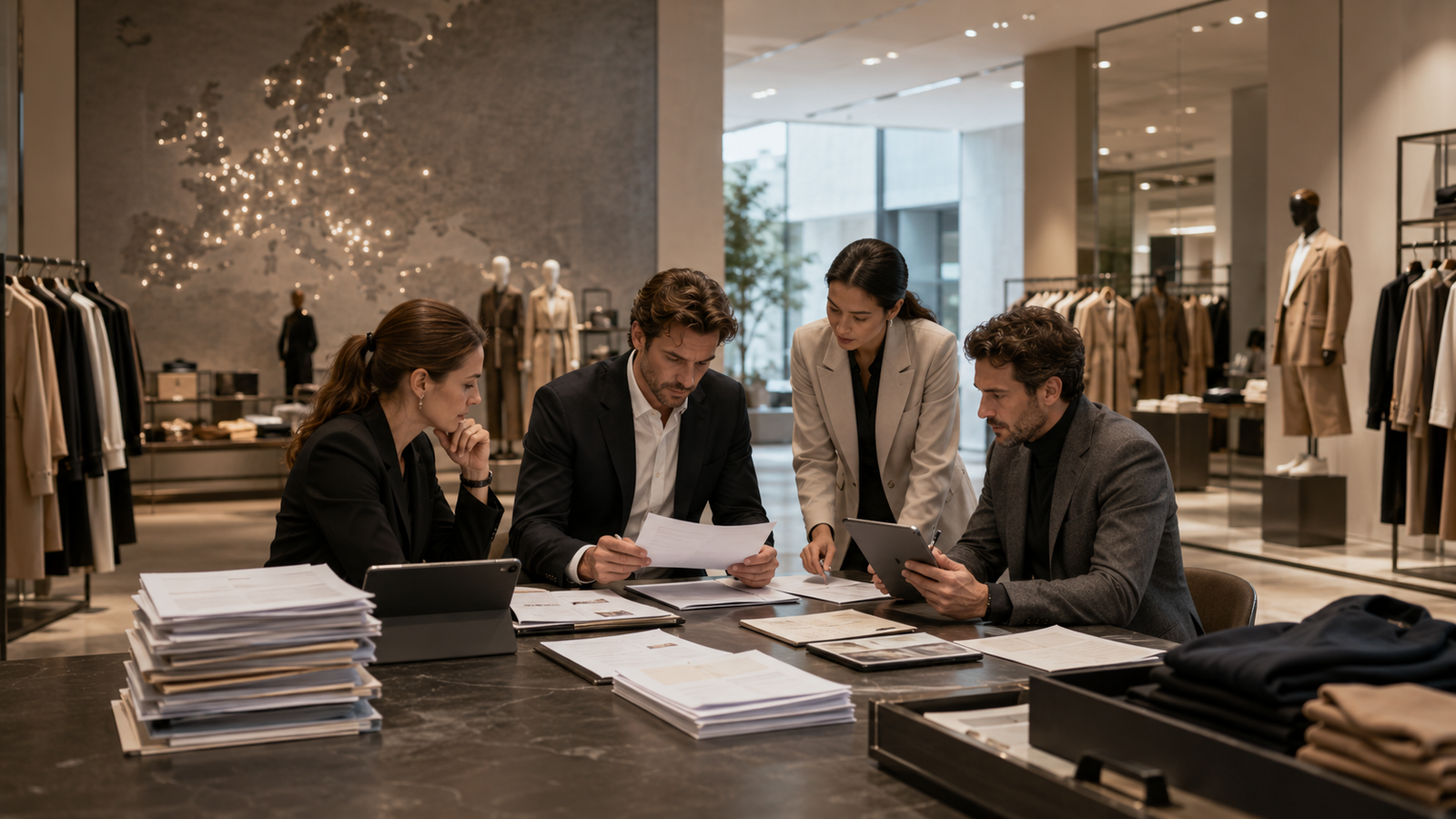 HR and retail operations professionals reviewing employment documents and scheduling records inside a modern fashion store.