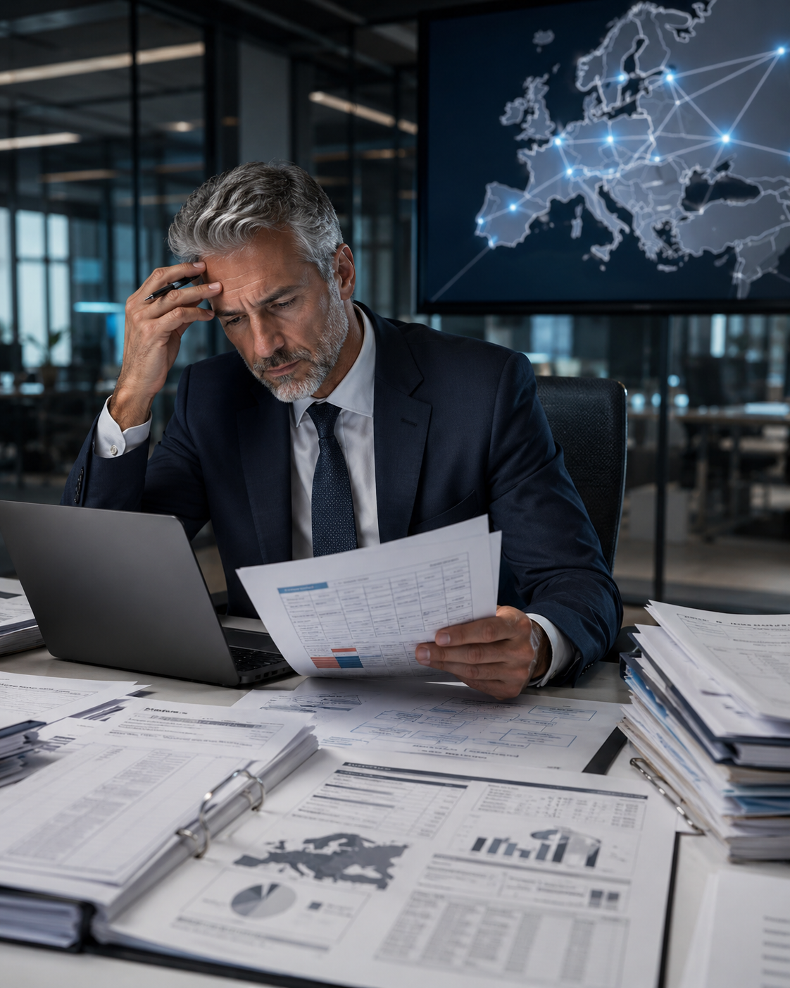 Senior executive reviewing complex HR integration documents with a European operations map in the background.