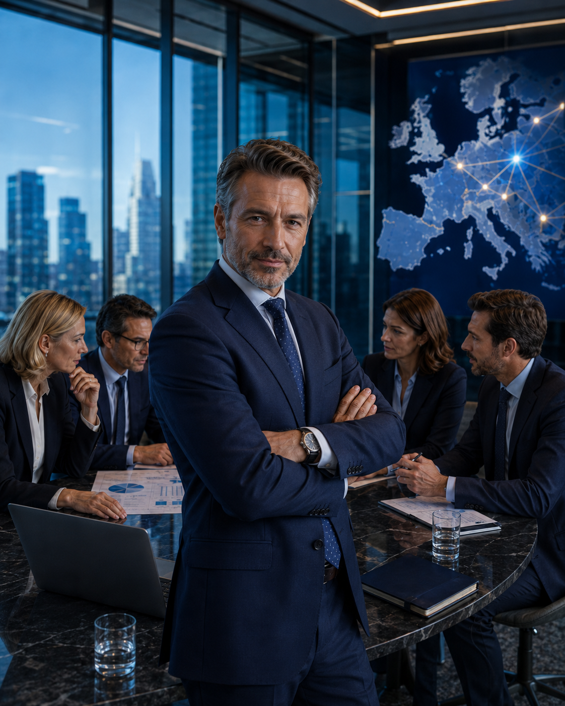 Confident senior M&amp;A HR advisor with arms crossed standing in front of a deal team reviewing European integration plans.
